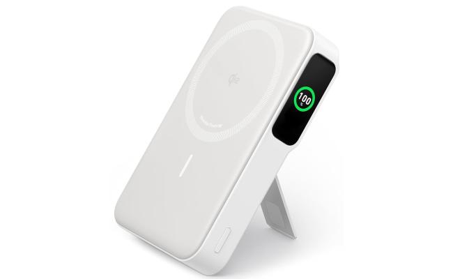 Anker MagGo Power Bank, Qi2 Certified 15W Ultra-Fast MagSafe-Compatible Portable Charger, 10,000mAh Battery Pack with Smart Display & Foldable Stand, For iPhone 16/15/14/13 Only - White